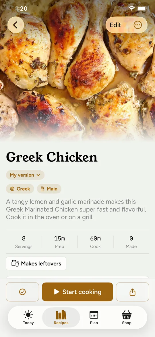 Rendition’s Greek Chicken recipe on iPhone: a golden roasted chicken photo, the My version menu, servings and times, and a Start cooking button.